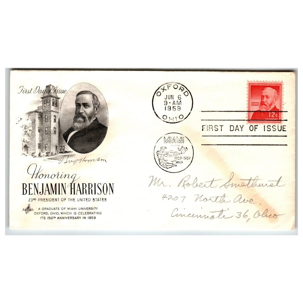 Scott #1039 Artcraft FDC 1959 Benjamin Harrison Oxford OH